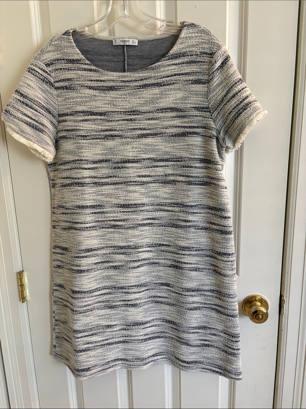 Mango Short Sleeve Tweed Shift Dress in Cream and Gray